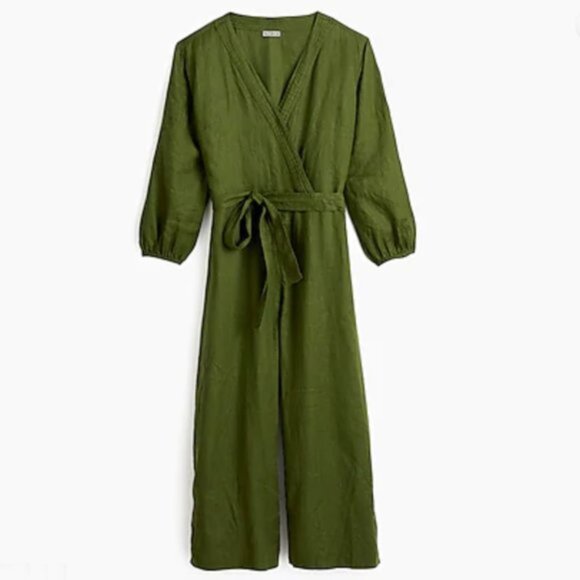 J Crew Point Sur Faux Wrap Olive Green 100% Linen Jumpsuit Size 4 - Picture 3 of 7